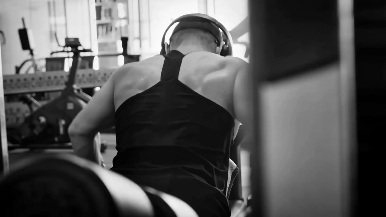 Alejandro Albornoz de espaldas remando en polea en un gimnasio en penumbra.